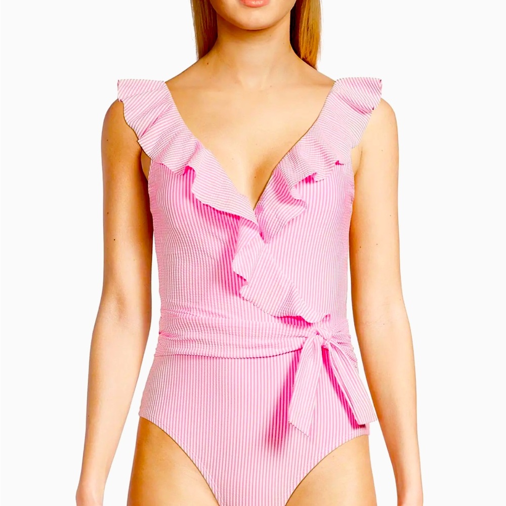 New with tags, Lily Pulitzer, Delphi Searsucker ruffled one piece swimsuit
